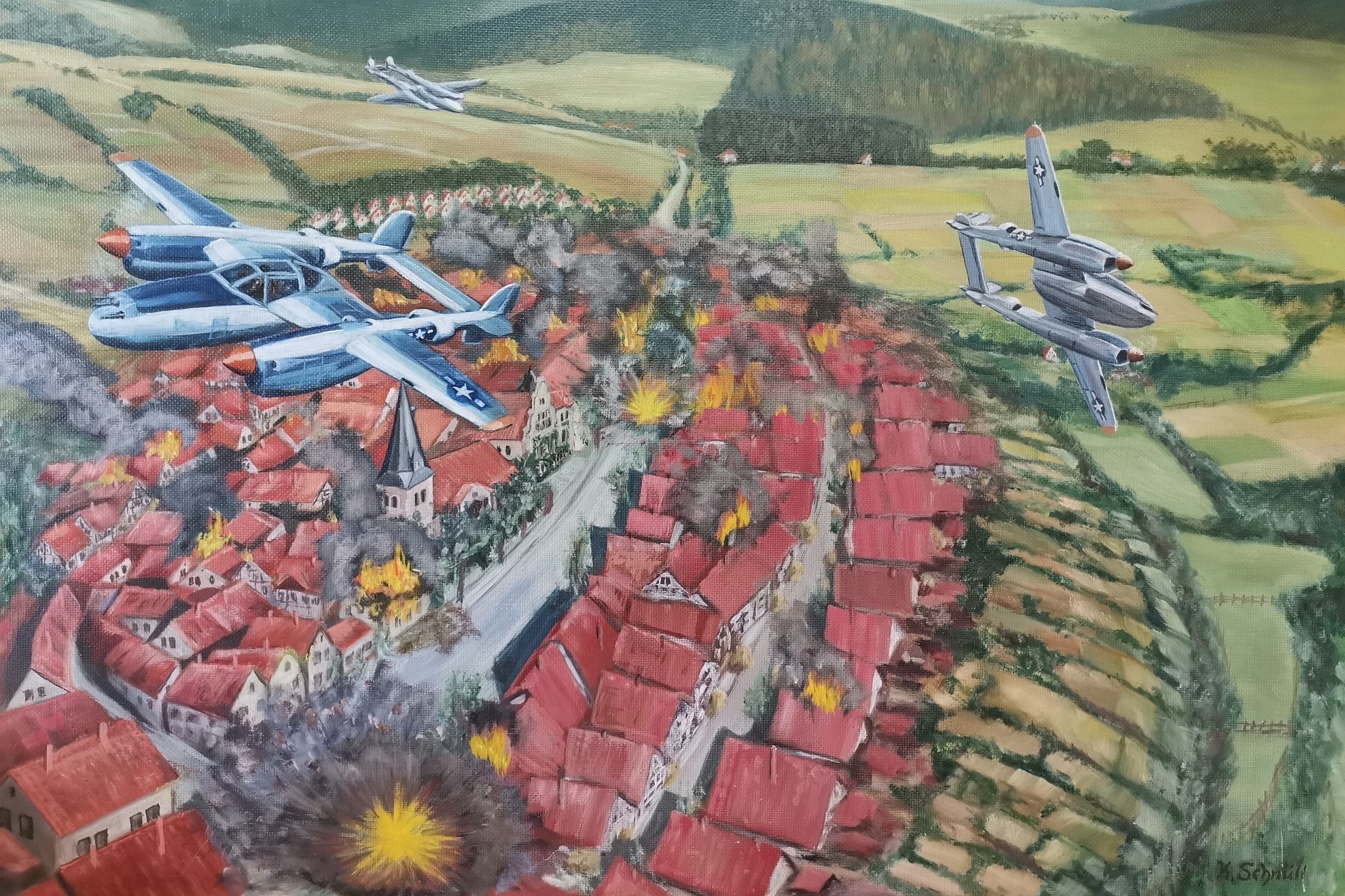 Gemälde über die Bombardierung der Barntruper Kernstadt Ostern 1945